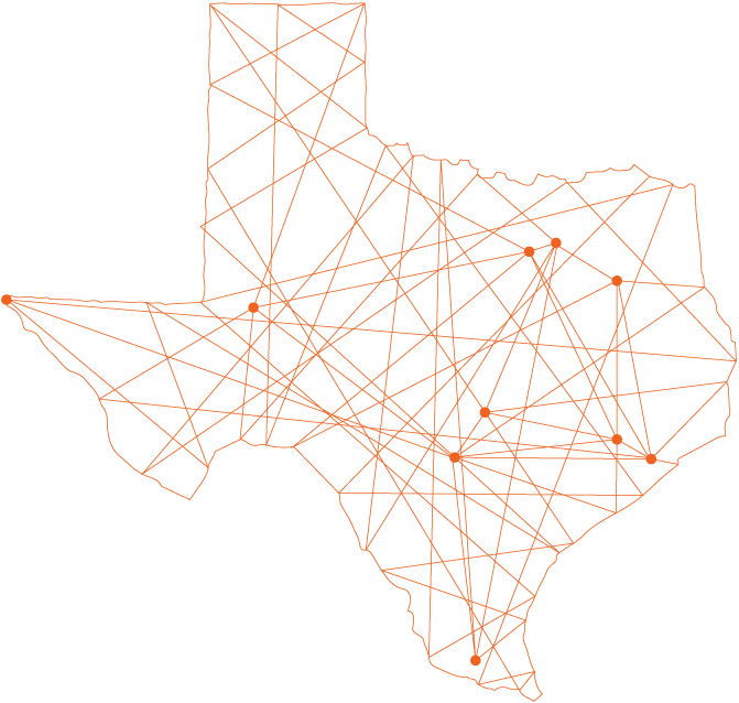 Texas state map representing the 13 institutions of the University of Texas System involvement with Trauma Research and Combat Casualty Care Collaborative (TRC4)